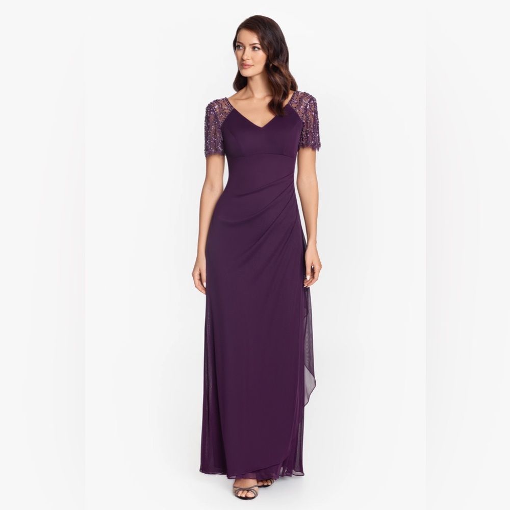 XSCAPE EVENINGS
LONG V-NECK BEADED FLUTTER SLEEVE DRESS